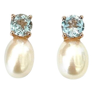 Bochic "Orient" Blue Topaz & South Sea Pear Earrings Set In 18K Gold & Silver, A Pair For Sale