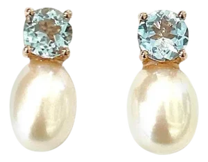 Bochic "Orient" Blue Topaz & South Sea Pear Earrings Set In 18K Gold & Silver, A Pair
