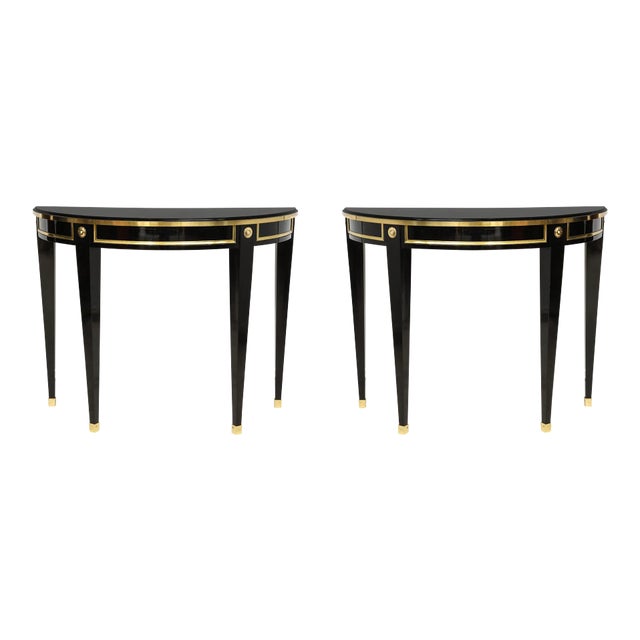 Bespoke Pair of Brass-Banded Demilune Consoles in the Neoclassic Manner For Sale