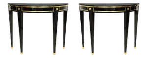 Bespoke Pair of Brass-Banded Demilune Consoles in the Neoclassic Manner