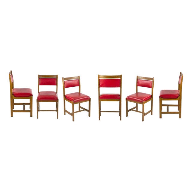 Italian Red Leather Chairs, 1970, Set of 6 For Sale