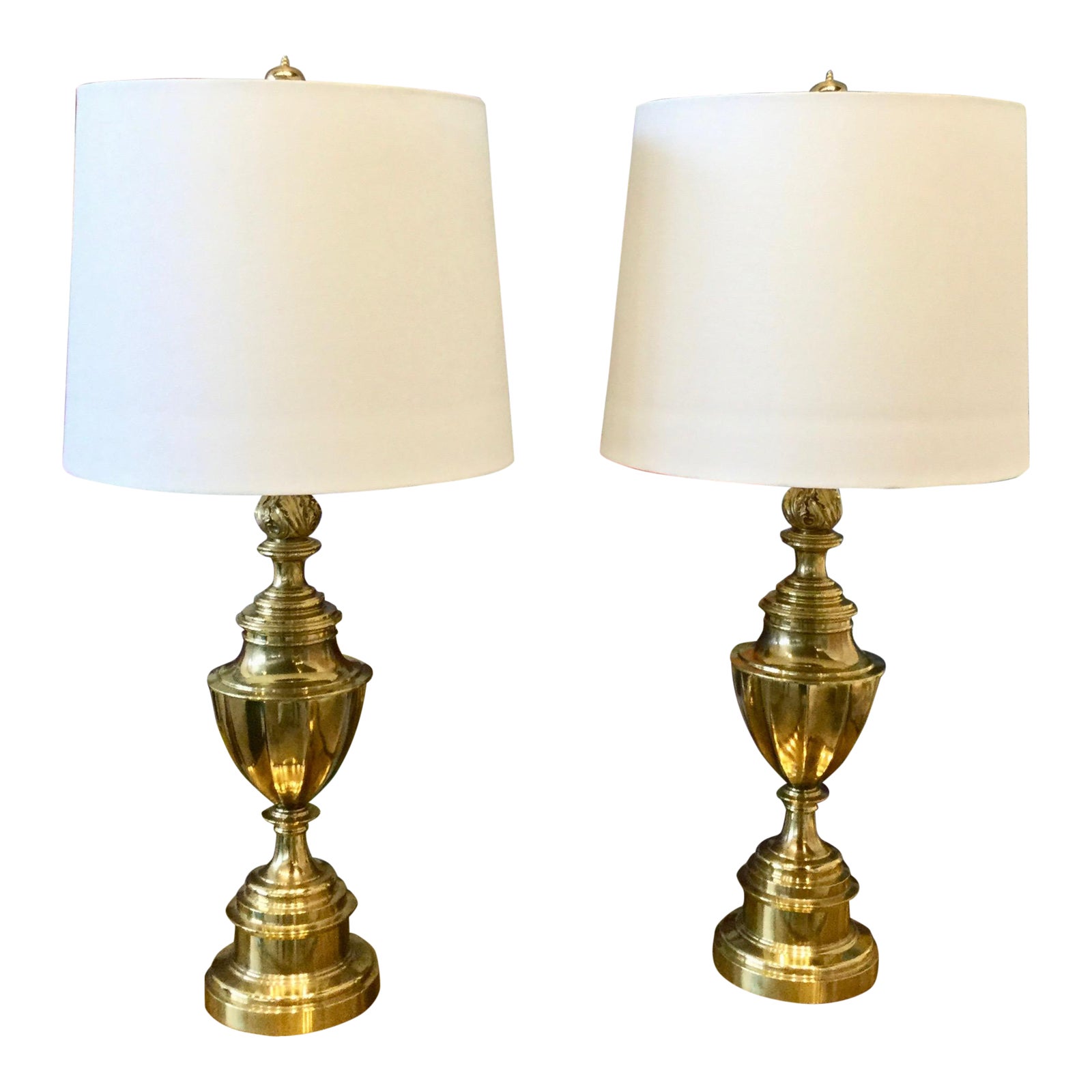 Vintage Mid Century Modern Brass Stiffel Lamps with Shades a Pair