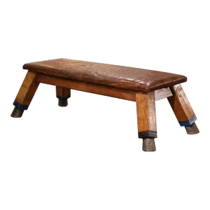 Early 20th Century Czech Tan Leather Top Pine Four-Leg Workout Training Bench