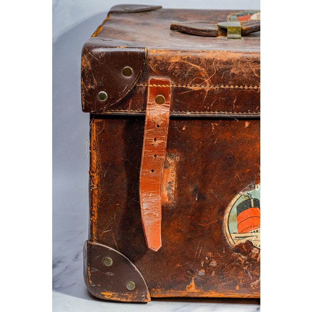 Animal Skin Timeworn Antique English Leather Cunard Label Case Box Home Decor Prop Storage For Sale - Image 7 of 17