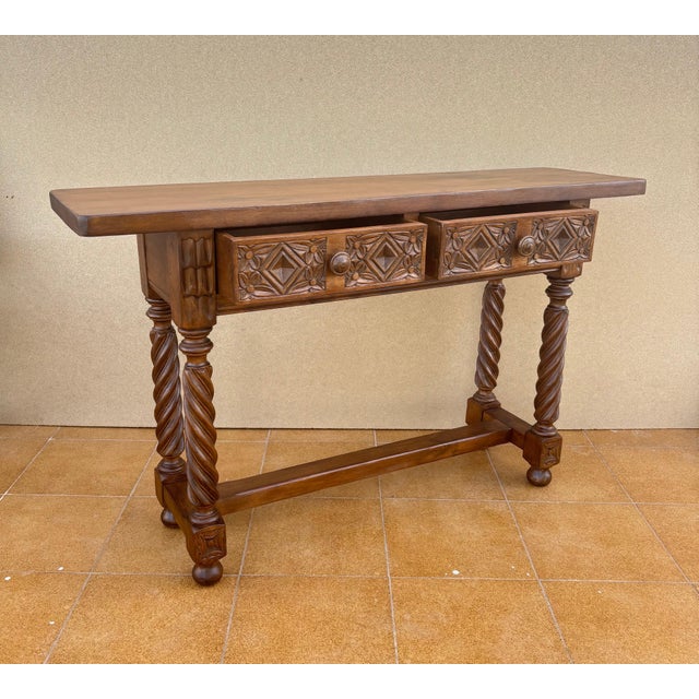 Spanish Carved Console Table with Barley Twist Legs and Two Drawers, 1930s For Sale - Image 6 of 12