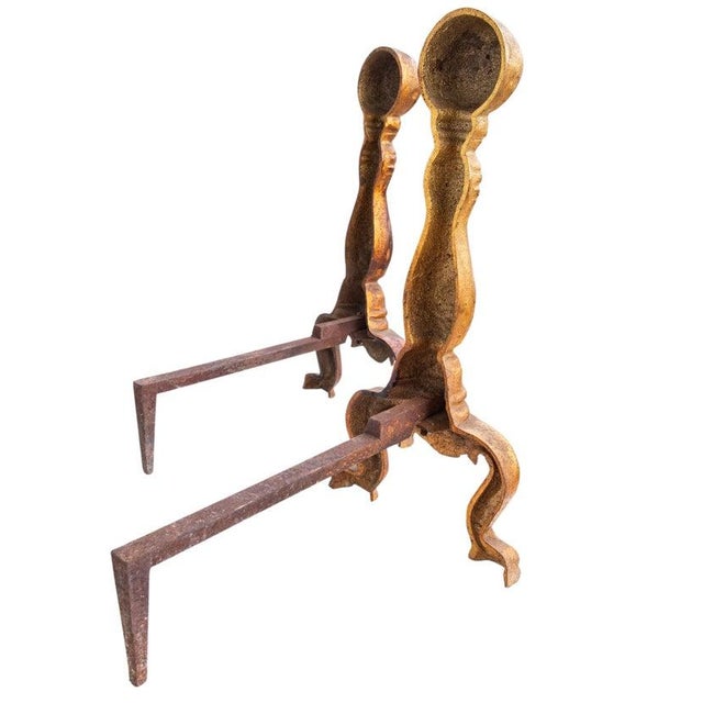 Cast Iron Fireplace Andirons With Gold Enamel From the 1920's, Pair For Sale - Image 10 of 10