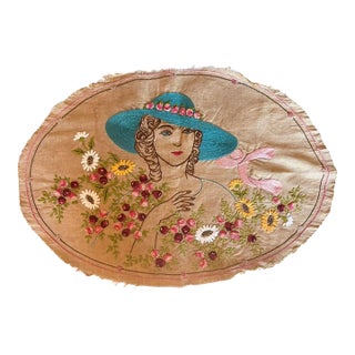 Vintage French Hand Embroidered Lady Textile Panel, Circa 1970s, Dimensional Roses and Flowers, Unfinished Pillow Fragment For Sale