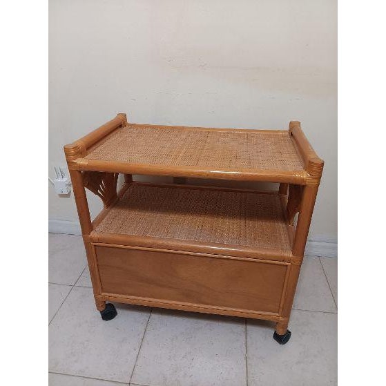 Vintage boho chic rattan and wicker bar cart with a dual-shelf design, a bottom enclosed cabinet with double doors, and...