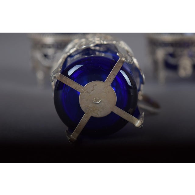 Antique Louis XVI Style Silver and Cobalt Blue Glass Condiment and Cruet Set with Spoons, 1990s, Set of 7 For Sale - Image 9 of 16