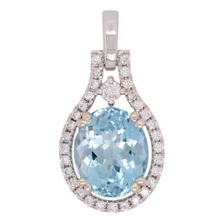 3.5Ct Aquamarine Pendant With Earth Mined Diamond: Solid 14k Gold, Oval 11x9mm For Sale