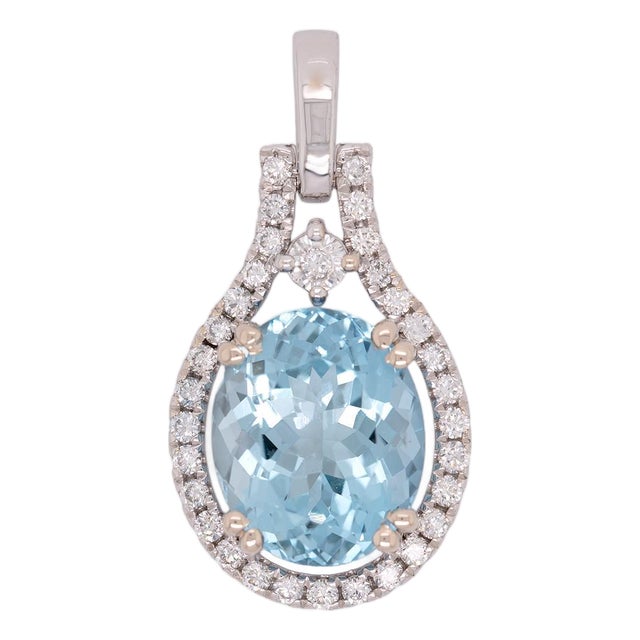 3.5Ct Aquamarine Pendant With Earth Mined Diamond: Solid 14k Gold, Oval 11x9mm For Sale
