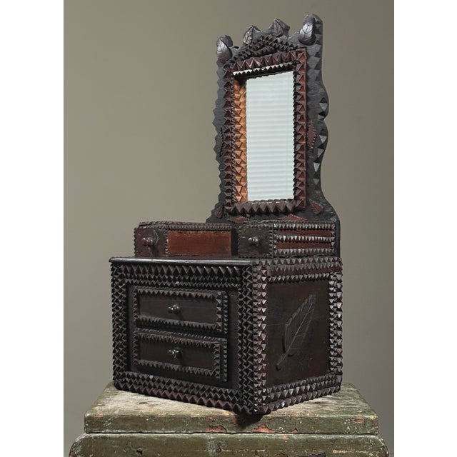Antique Chip-Carved Tramp Art Dresser With Mirror/Folk Art For Sale - Image 4 of 12