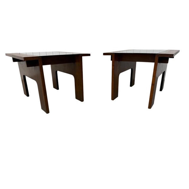 Mid-Century Modern Lane Smoked Glass Walnut Side Tables - Set of 2 For Sale In Philadelphia - Image 6 of 11