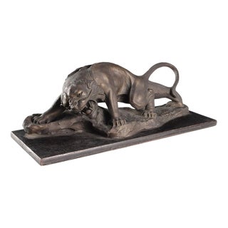 Modern Bronze Feline Figurine with Wooden Base For Sale