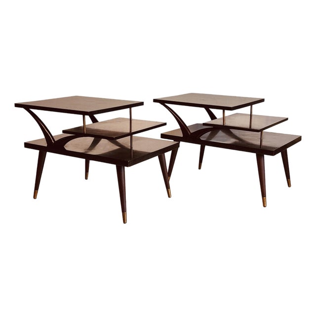 Mid-Century Mahogany Sunburst Bentwood 3-Tier End Tables - A Pair For Sale