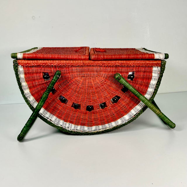 1980s Vintage Boho Chic Arts & Crafts Trompe L’Oeil Watermelon Wicker Picnic Basket. For Sale - Image 10 of 18