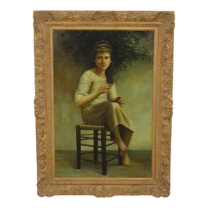 Artist Signed Oil Painting on Canvas ~ Girl on Stool