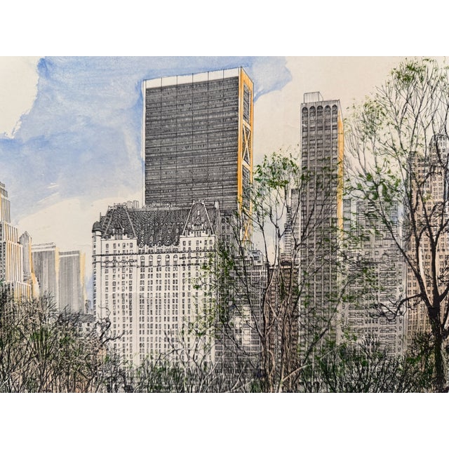 Detailed vintage Atlanta view depicting Piedmont Park with the Atlanta skyline beyond. Executed in fine black linework...