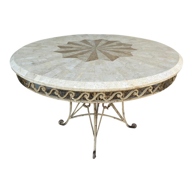 1990s Thomasville 44" Wrought Iron Table W/Tessellated Fossiliferous Limestone Top For Sale