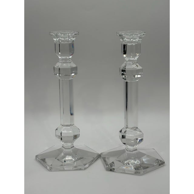 20th century Val St. Lambert Crystal Candlesticks. Good Weight and sparkle. Stamped with makers mark.