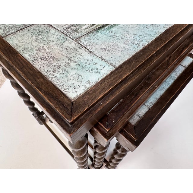 Nesting Tables with Hand-Painted Ceramic Tiles and Barley Twist Legs, Sweden, 1930s, Set of 3 For Sale - Image 15 of 18