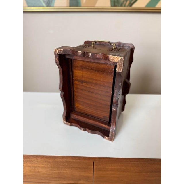 Vintage Hand Carved Imported Mahogany With Brass Inlay Jewelry Box For Sale - Image 10 of 10