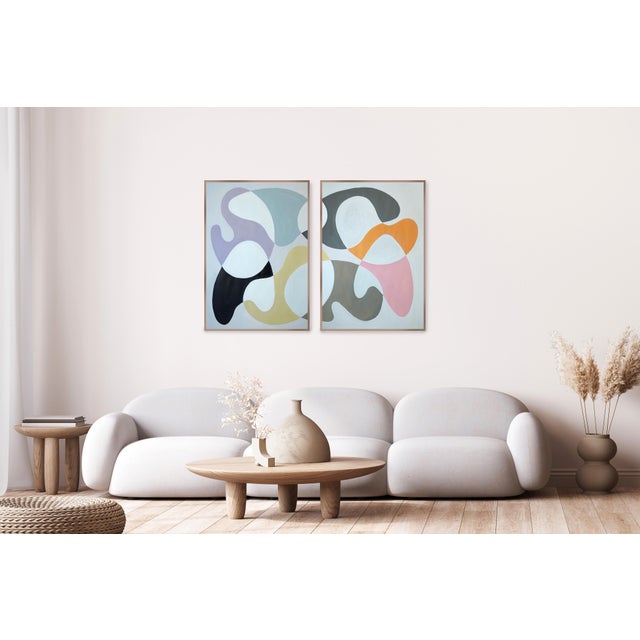 2026, Organic Modern, Mid Century Shapes Diptych, Pastel Dance, Acrylic Painting on Paper in Soft Palette by Ryan Rivadeneyra For Sale - Image 9 of 10