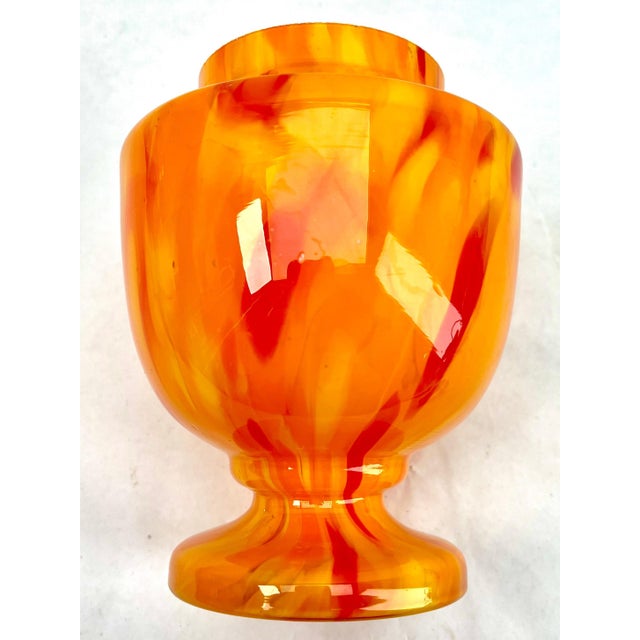 Dramatic multi color decor, cobalt and orange, in hand blown splatter glass vase in the Art Deco style. This design for...