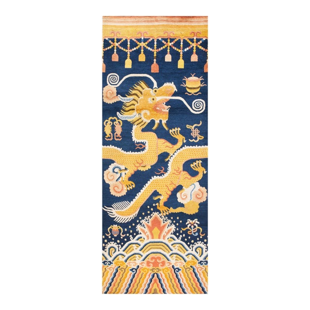 1820s Blue Yellow Dragon Antique Chinese Ningxia Pillar Rug 3'2" X 8'2" Wool Handknotted Carpet For Sale