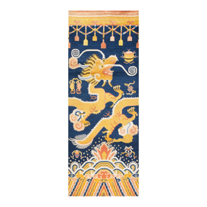 1820s Blue Yellow Dragon Antique Chinese Ningxia Pillar Rug 3'2" X 8'2" Wool Handknotted Carpet