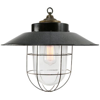 Vintage Industrial Bakelite, Grey Enamel, Brass and Clear Glass Pendant Light For Sale