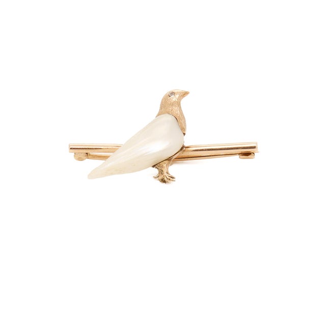 Mid-Century Modern Gold, Diamond, & Baroque Pearl Figural Dove Brooch or Bar Pin For Sale In Philadelphia - Image 6 of 11