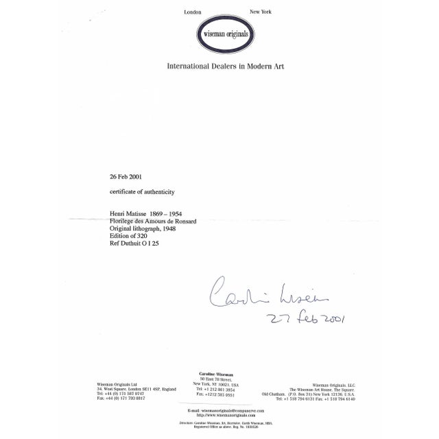 1940s Henri Matisse Lithograph Printed on Arches paper, total edition of 320 For Sale In New York - Image 6 of 6