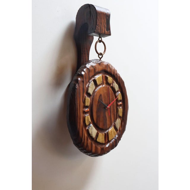 Mid-Century Modern Vintage Witco Tiki Burnt Cedar Hand-Painted Wall Clock With Mount For Sale - Image 3 of 11