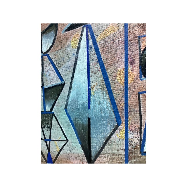 Mid Century Modern Abstract Painting Blue Teal Orange Geometric Wall Art Original 8x8 For Sale - Image 14 of 16