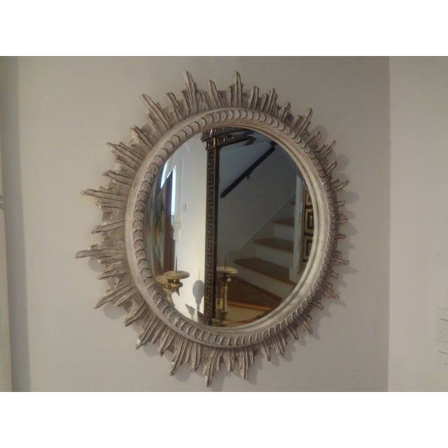 French Carved Wood Paint Decorated Beveled Sunburst Mirror. Our Mid-Century French Sunburst Mirror Is Painted A Cream/Gray...