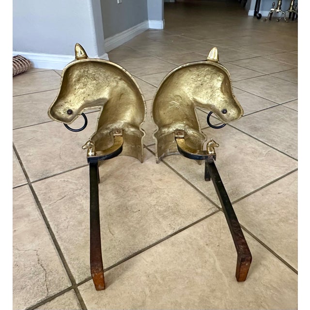 Pair of Brass and Iron Horse Equestrian Andirons For Sale - Image 17 of 18