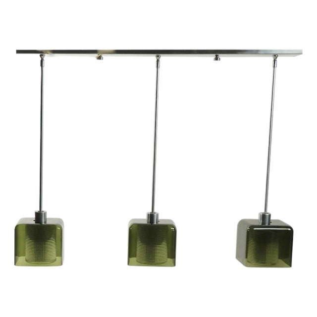 Mid 20th Century Three-Light Smoked Gray Glass and Brushed Steel Chandelier att. to Orrefores For Sale