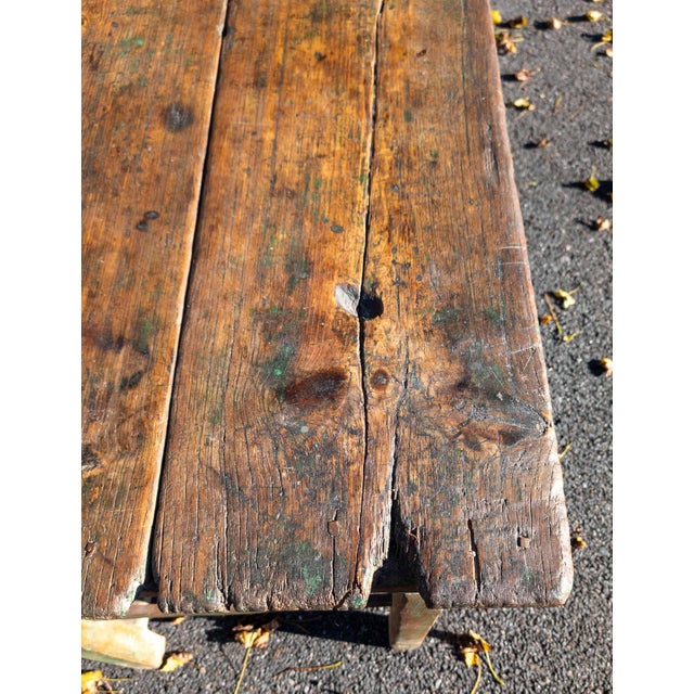 Green 18th or 19th Century Rustic Primitive Farmhouse Table in Old Green Paint For Sale - Image 8 of 18