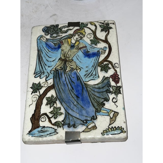 Qajar-Era Hand-Painted Ceramic Tile, 1890s For Sale - Image 3 of 6