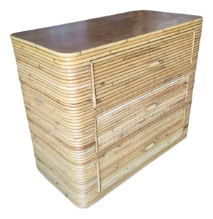 1970s Restored Stacked Stcik Reed Rattan Lowboy Dresser With Mahogany Top