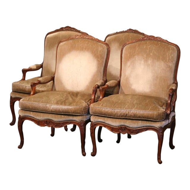 19th Century French Louis XV Carved Walnut Armchairs From Provence, Set of Four For Sale