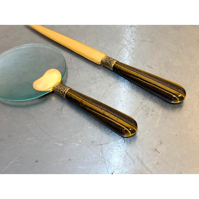 1960s Gump's Tiger's Eye & Brass Magnifying Glass / Letter Opener Set For Sale - Image 5 of 8
