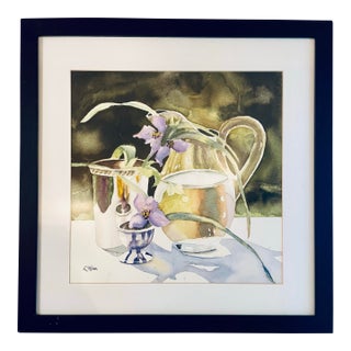 Vintage L. Wilson Watercolor Still Life Painting – Silver Vessels & Irises For Sale
