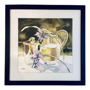 Vintage L. Wilson Watercolor Still Life Painting – Silver Vessels & Irises