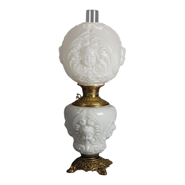 Antique Blanc De Chine Brass & Bronze Cupid Oil Lamp With Blown Out Glass C1900 For Sale