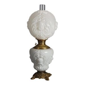 Antique Blanc De Chine Brass & Bronze Cupid Oil Lamp With Blown Out Glass C1900