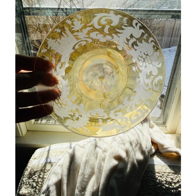 Amber Vintage Bohemian Amber Etched Glass Plates- Set of Eight - 6.625 Inch Heraldic Castle Deer Motif 1920s 1930s For Sale - Image 8 of 11