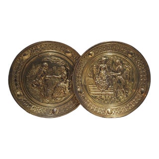 Brass Repoussé Wall Plaques, Courting Couple Scenes, Round Pair For Sale
