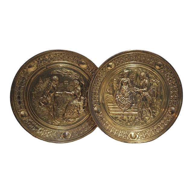 Brass Repoussé Wall Plaques, Courting Couple Scenes, Round Pair For Sale